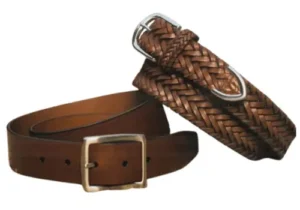 High-quality leather belts in brown tones featuring a smooth classic strap and a rugged braided design for casual styling."